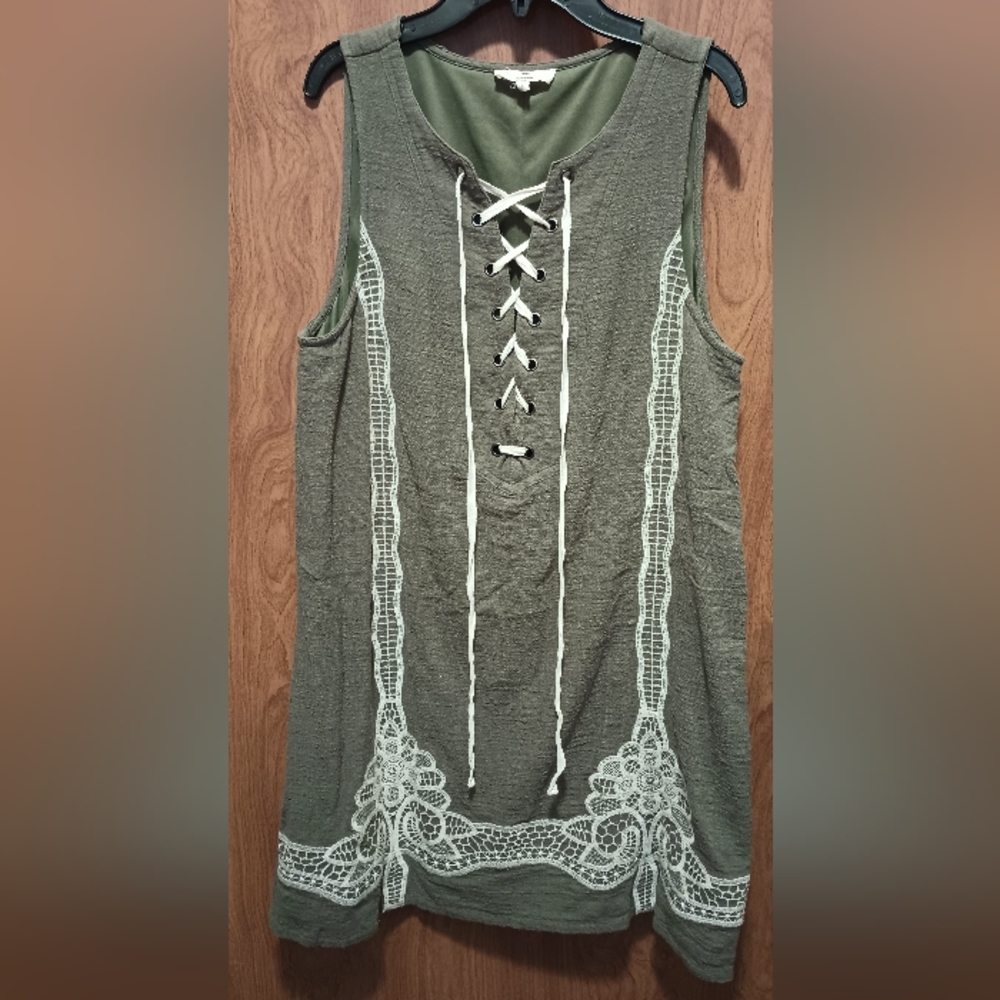 Entro Sage Green Ivory Embroidered Cotton Gauze Lace Up Lined Mini Dress Sz L